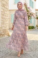 Robe Modeste En Chiffon Imprimé Avec Fronces À L'Avant, Couleur Poudre