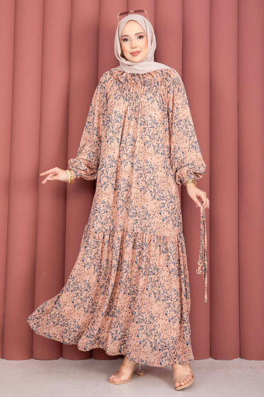 Robe Modeste en Chiffon à Motifs avec Fronces Avant Saumon