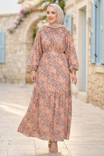 Robe Modeste en Chiffon à Motifs avec Fronces Avant Saumon