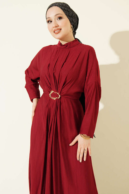 Front Ruched Dress with Gold Buckle Burgundy