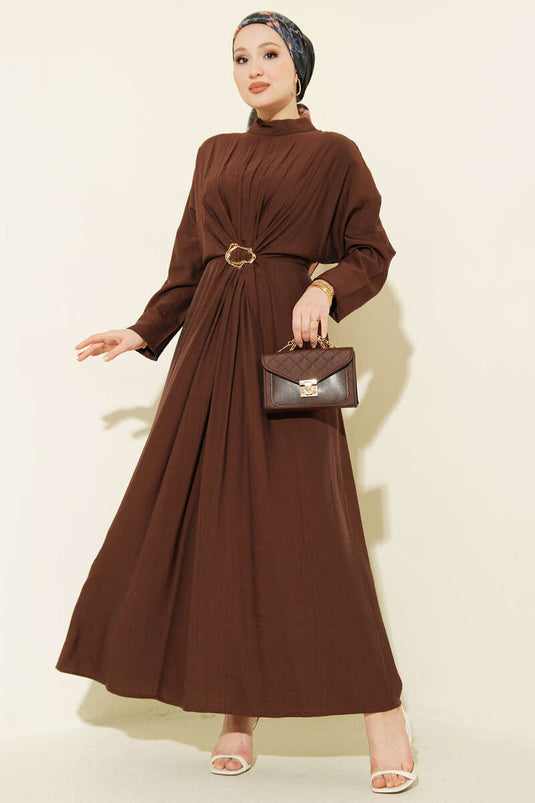 Front Ruched Dress with Gold Buckle Brown