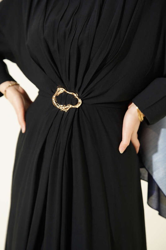 Vorderseite gerafftes Kleid mit goldener Schnalle, Marineblau