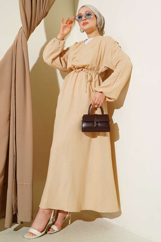 Önü Büzgülü İp Bağcıklı Elbise Bej
