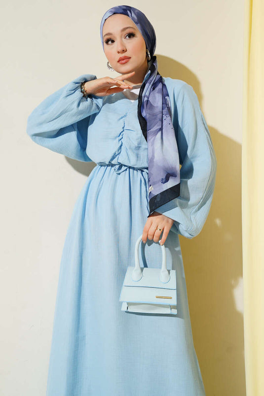 Önü Büzgülü İp Bağcıklı Elbise Mavi