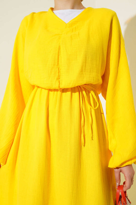 Önü Büzgülü İp Bağcıklı Elbise Sarı