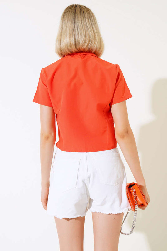 Orange Short Shirt with Front Pleats