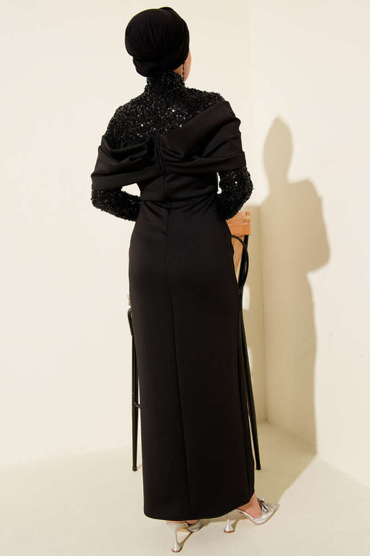 Önü Büzgülü Pul Payet Abiye Elbise Siyah