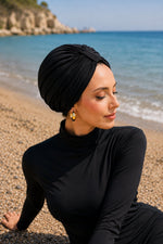 Maillot De Bain Modest Fashion À Fronces Avant & Bonnet De Bain Noir