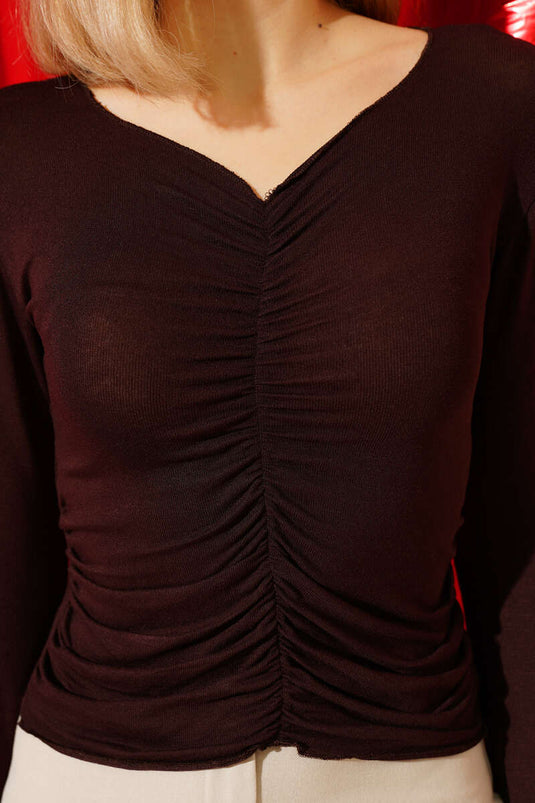 Vorderseite geraffter Langarm-Body in Dunkelbraun