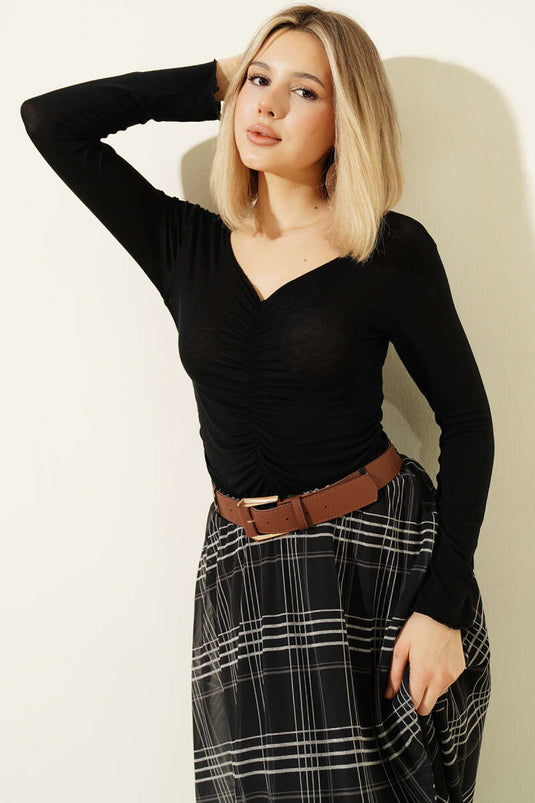 Vorderseite geraffter Langarm-Body Schwarz