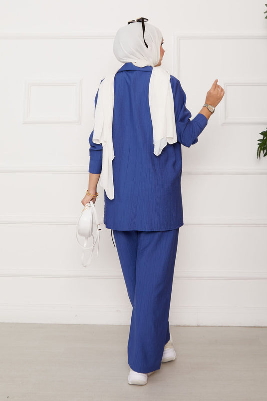 Front Pleated Side Tie Double Suit Indigo