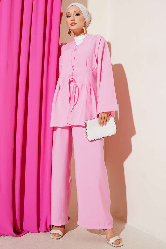 Önü Çapraz İp Bağlamalı İkili Takım Pembe