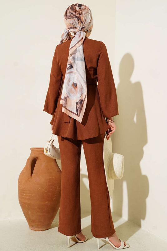 Front Cross-Belted Two-Piece Set Brown