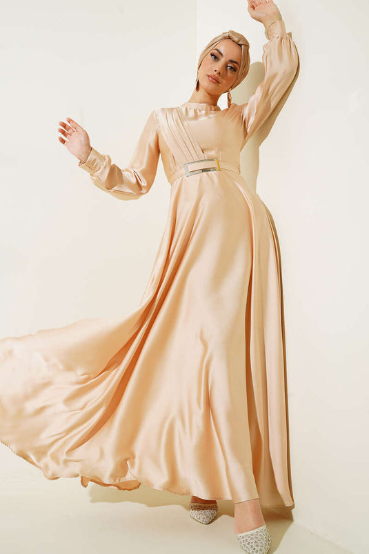 Robe Plissée Croisée Sur Le Devant Beige