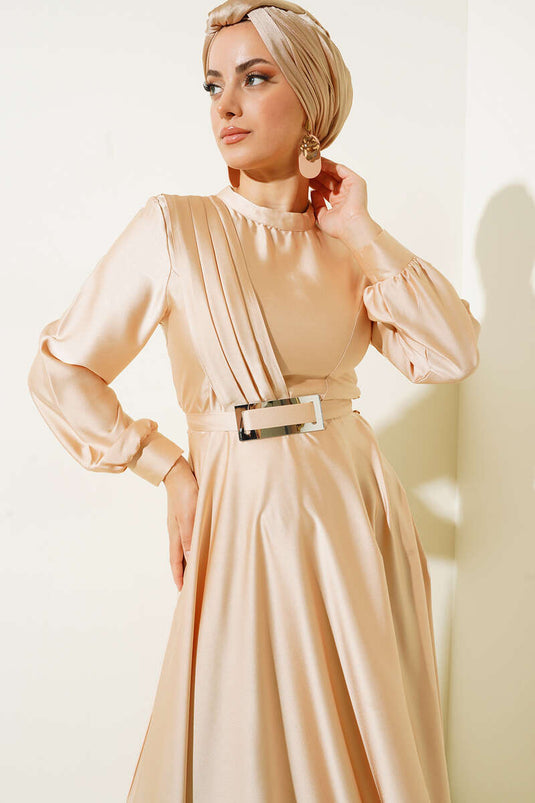 Robe Plissée Croisée Sur Le Devant Beige