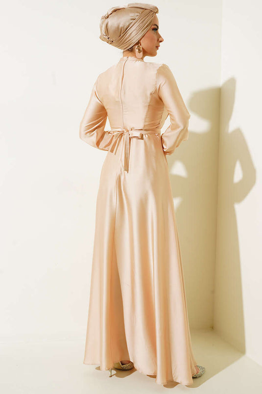 Robe Plissée Croisée Sur Le Devant Beige