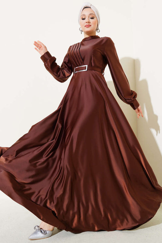 Cross Front Pleated Satin Dress Brown