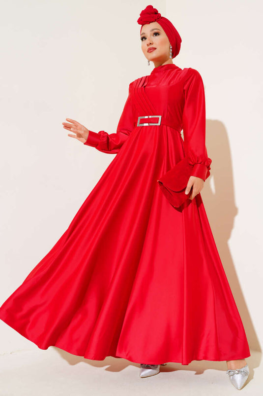 Robe En Satin Plissée Croisée Sur Le Devant Rouge