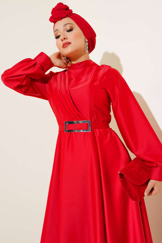 Robe En Satin Plissée Croisée Sur Le Devant Rouge