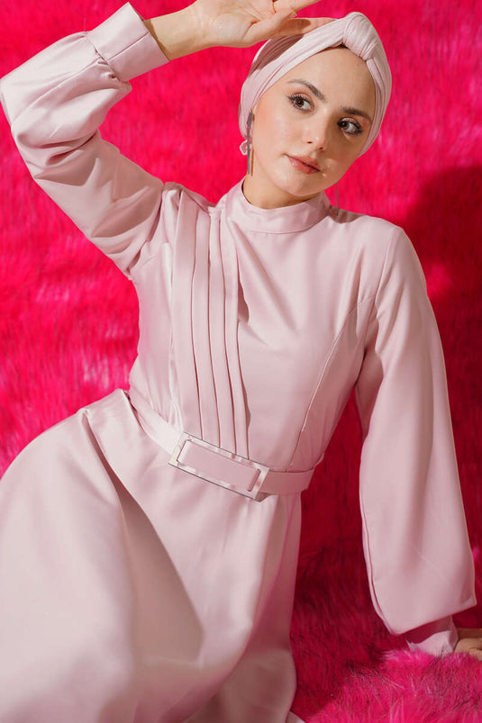 Front Cross Pleated Satin Dress Pink