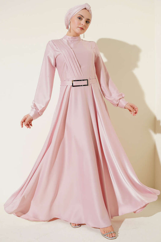 Front Cross Pleated Satin Dress Pink