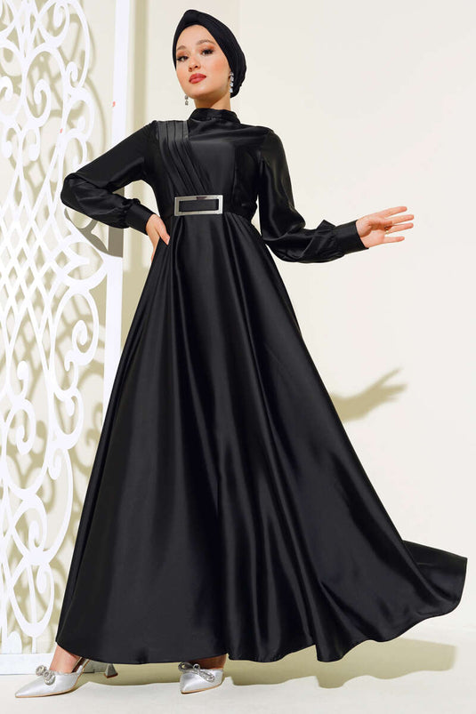 Robe En Satin Plissée Croisée Sur Le Devant Noir