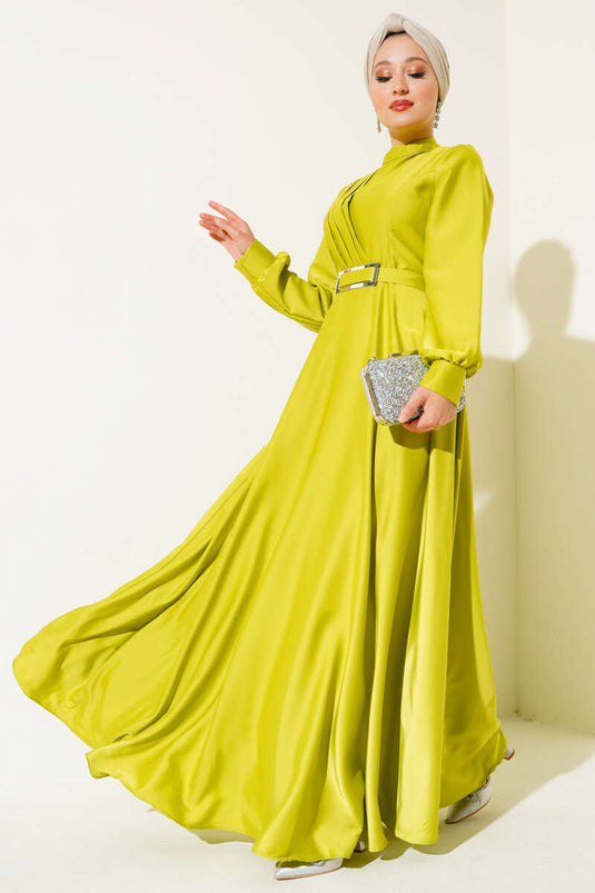 Robe En Satin Plissée Croisée Sur Le Devant Vert Pétrole