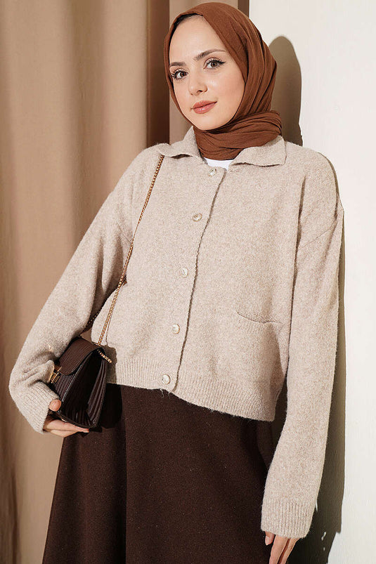 Beige Front Pocket Gold Button Knit Cardigan