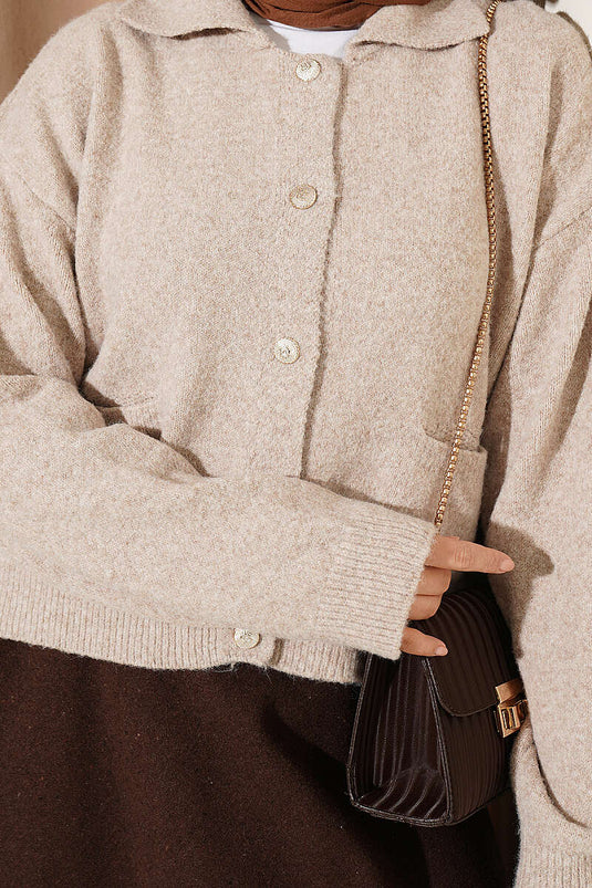 Beige Front Pocket Gold Button Knit Cardigan