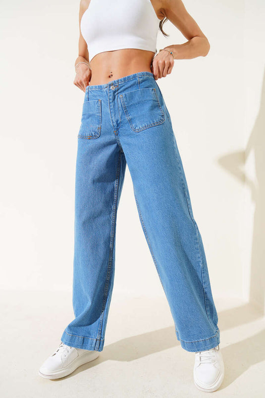 Önü Cepli Kot Pantolon Açık Mavi