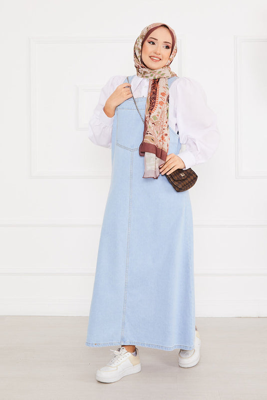 Robe salopette en jean avec poche avant et hijab bleu clair