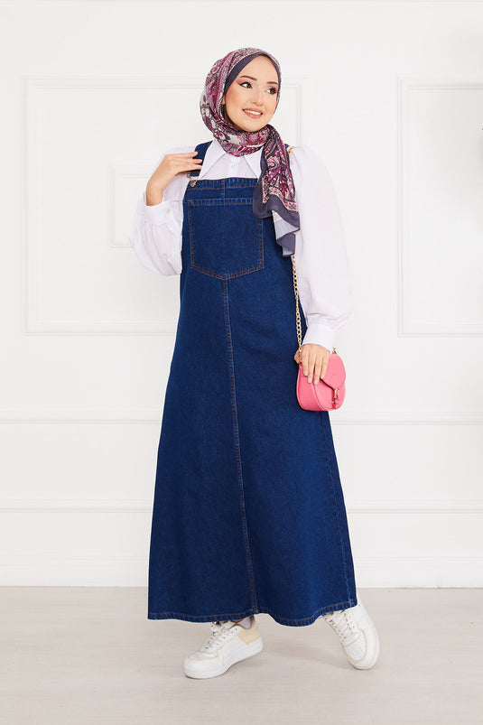 Front Pocket Covered Denim Overall Dress Dark Blue