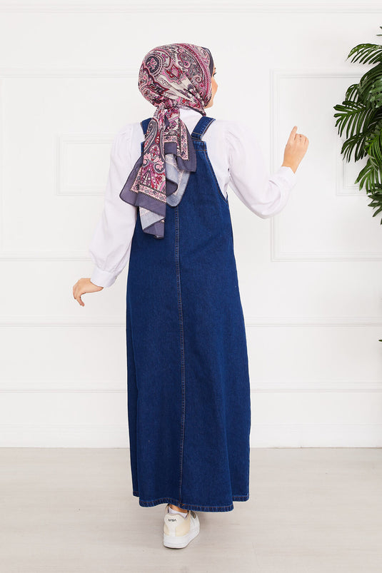 Front Pocket Covered Denim Overall Dress Dark Blue