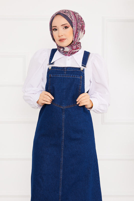 Front Pocket Covered Denim Overall Dress Dark Blue