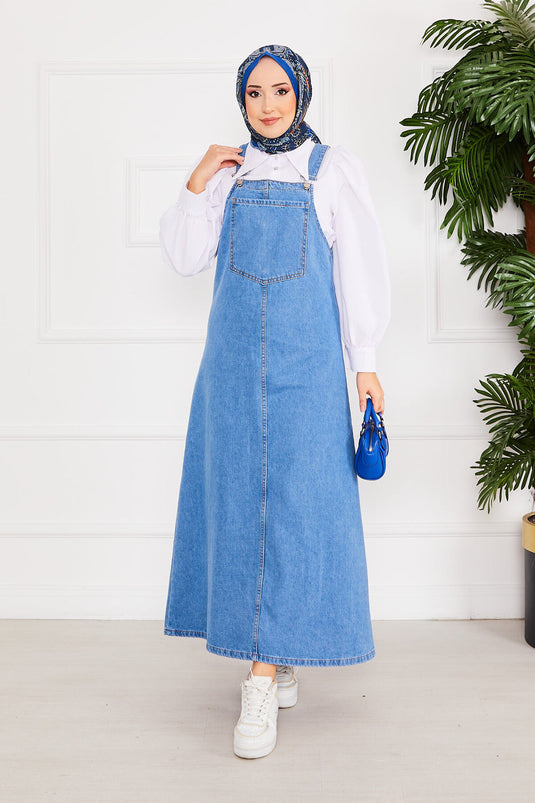 Front Pocket Covered Denim Overall Dress Blue