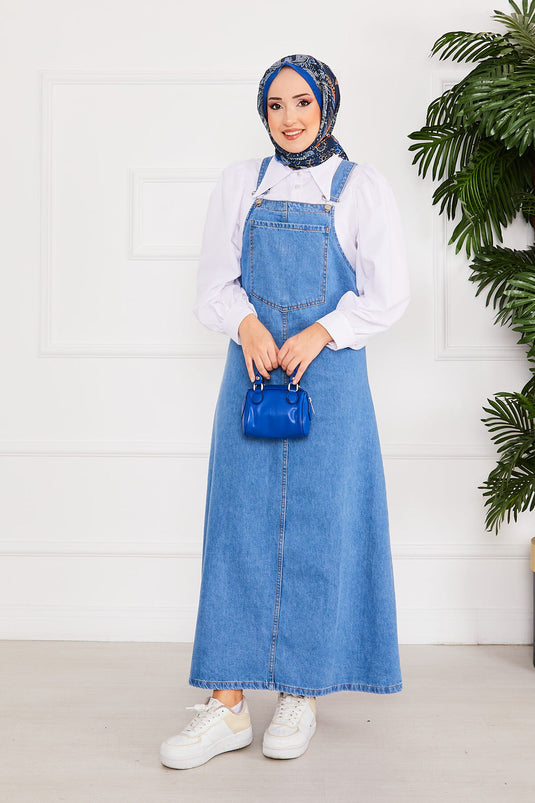 Front Pocket Covered Denim Overall Dress Blue