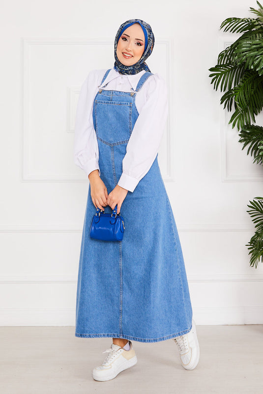 Front Pocket Covered Denim Overall Dress Blue