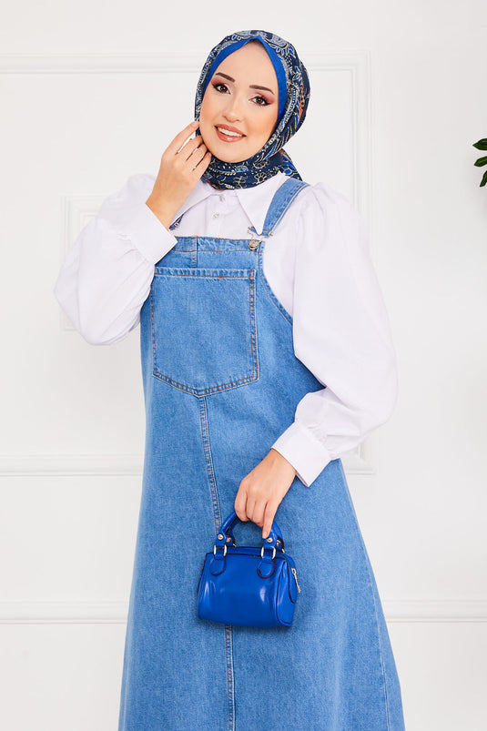 Front Pocket Covered Denim Overall Dress Blue