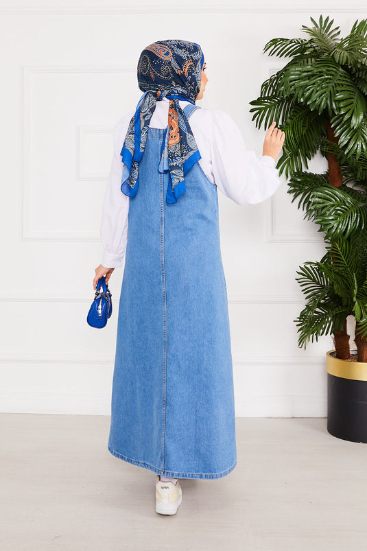 Front Pocket Covered Denim Overall Dress Blue