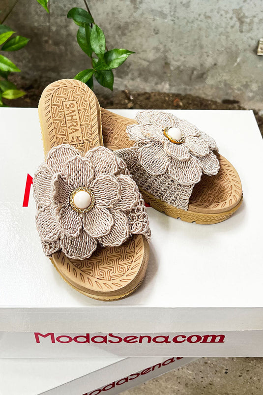 Straw Slippers with Flower Detail on the Front