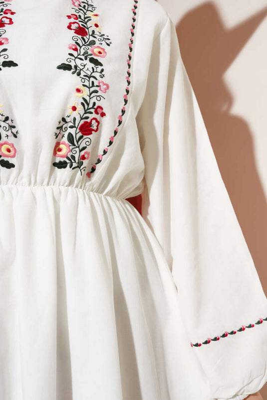 White Dress with Floral Embroidery and Elastic Waist