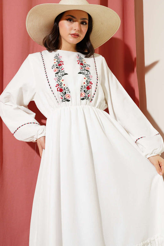 White Dress with Floral Embroidery and Elastic Waist