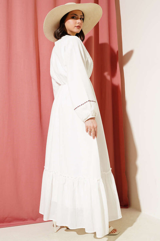 White Dress with Floral Embroidery and Elastic Waist