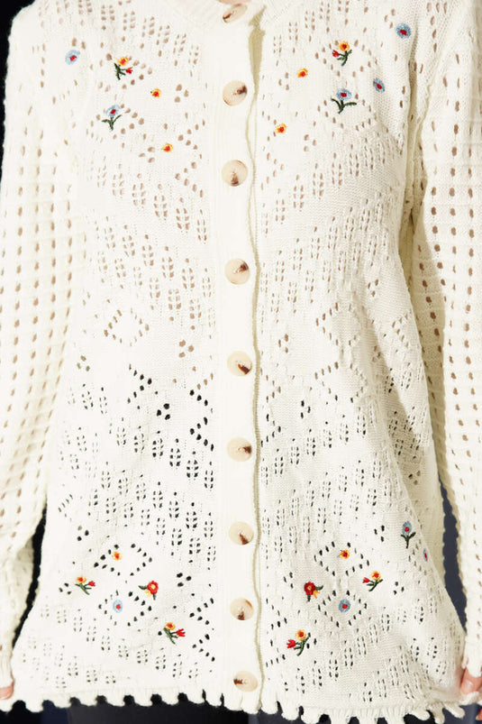 Cardigan ajouré à boutons avec broderie florale sur le devant, couleur écru