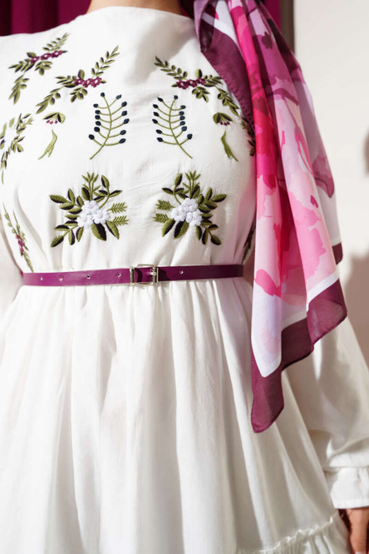 Floral Embroidered Ruffle Front Dress Plum