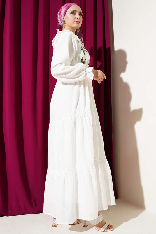 Floral Embroidered Ruffle Front Dress Plum