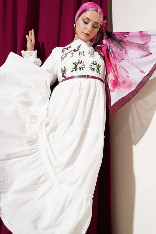 Floral Embroidered Ruffle Front Dress Plum