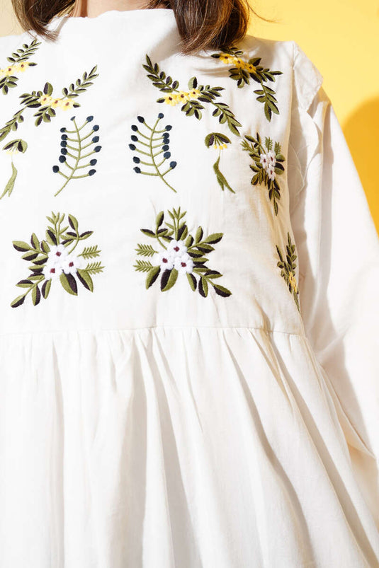Front Floral Embroidered Ruffle Dress Yellow
