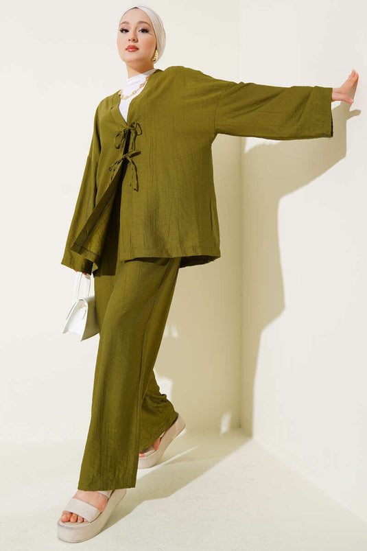 Önü Çift Bağcıklı Kimono İkili Takım Haki