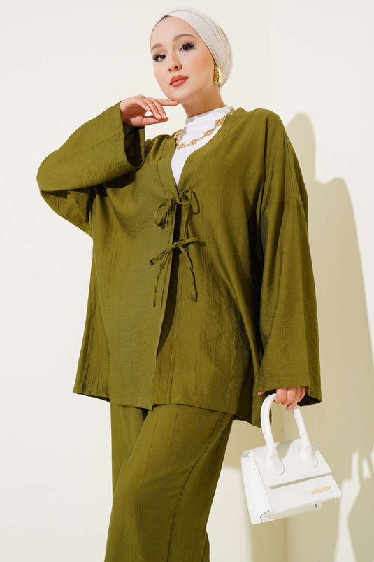 Önü Çift Bağcıklı Kimono İkili Takım Haki